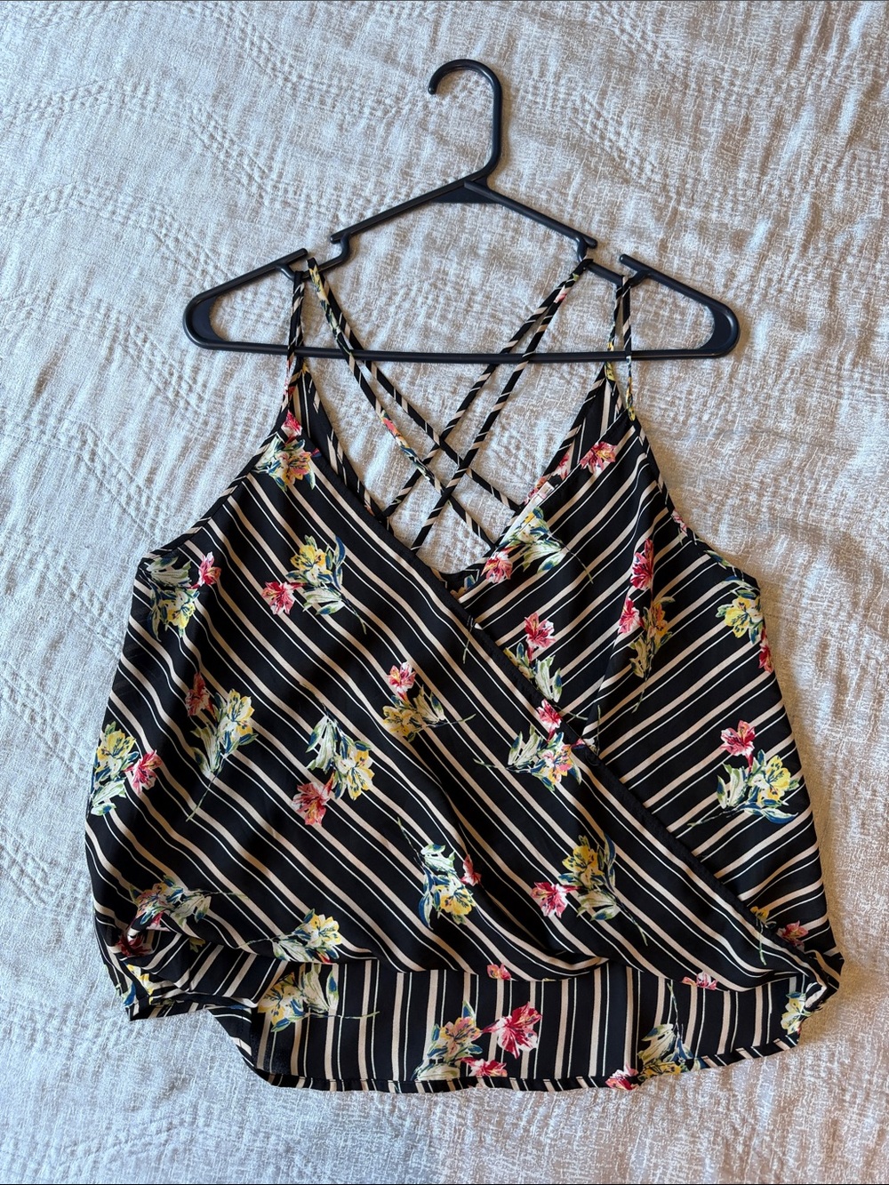 Lush Black Striped Floral Surplice Cami with Crisscross Straps